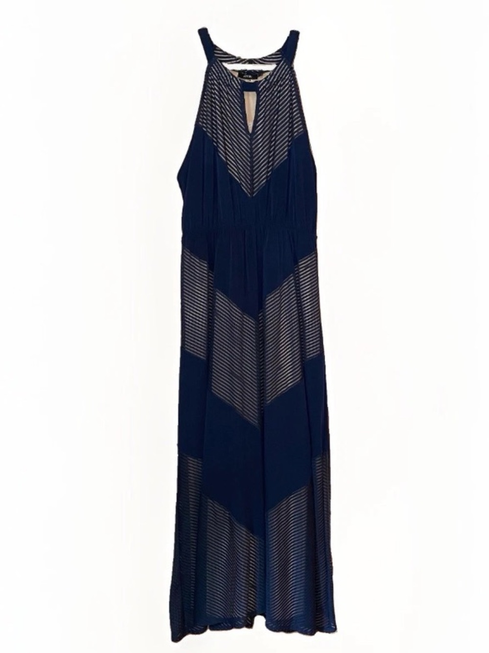 Apt 9 XL Dress Sleeveless Halter Maxi Keyhole Sheer Lined Chevron Navy Blue